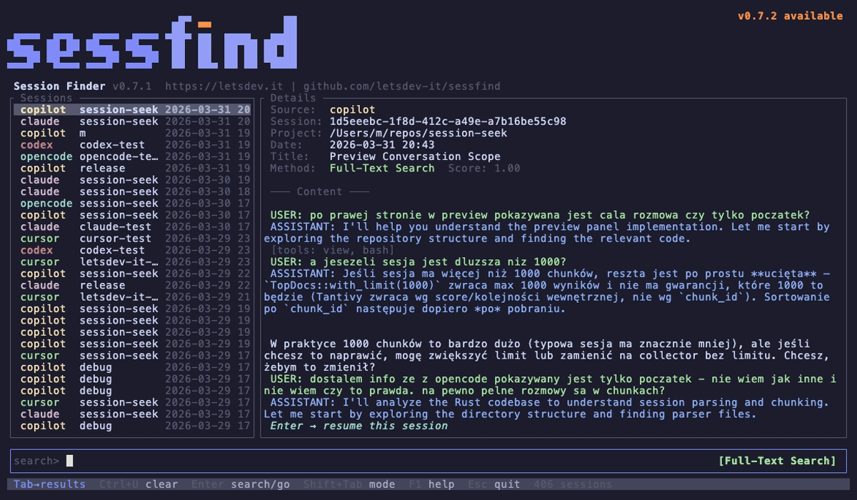 sessfind demo — search and resume an AI coding session