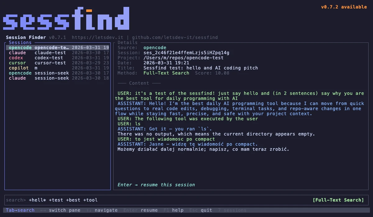 sessfind interactive TUI — split-pane search and session preview
