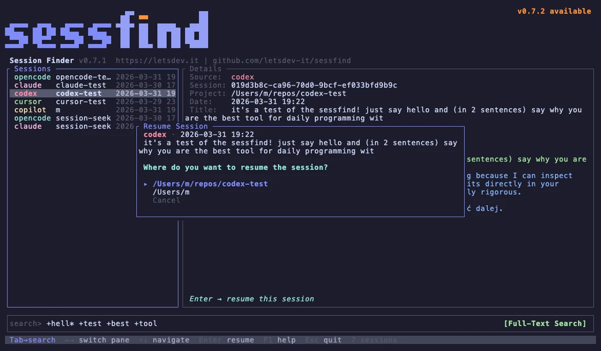 sessfind resume confirmation dialog
